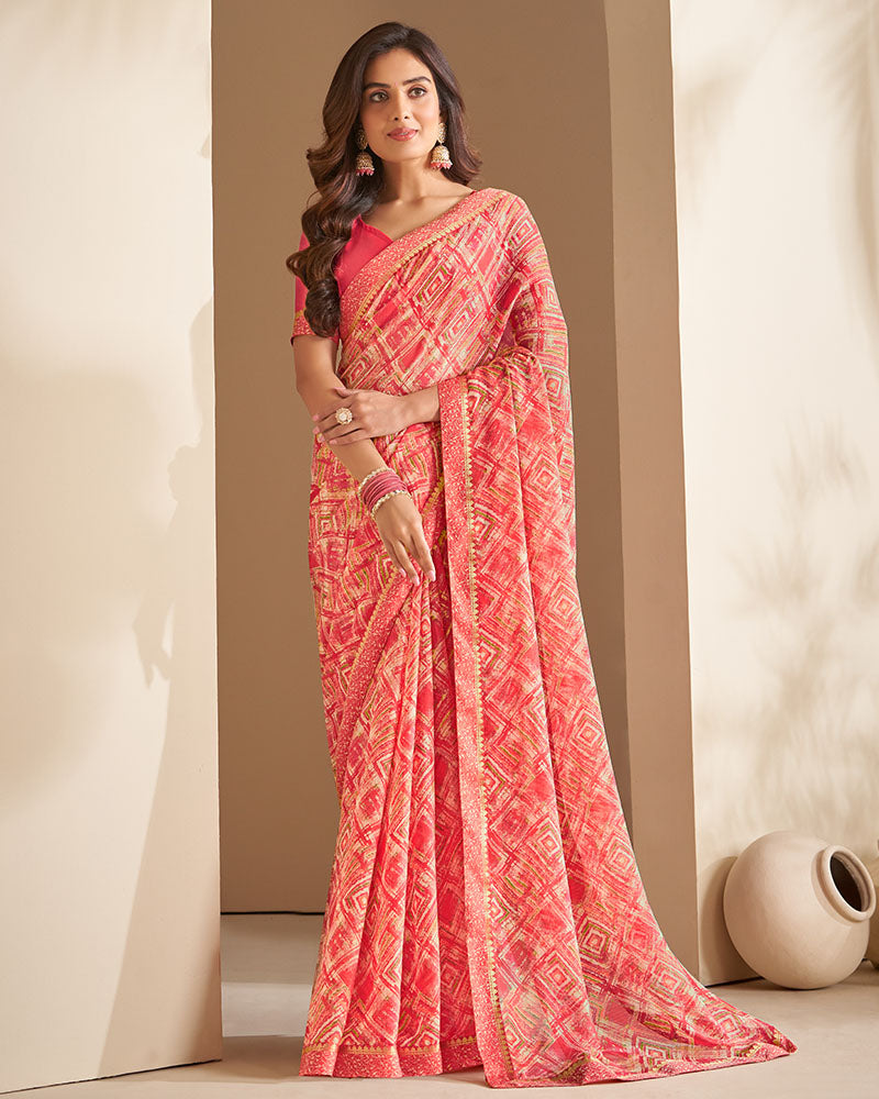 Vishal Prints Pastel Red Printed Chiffon Saree With Border