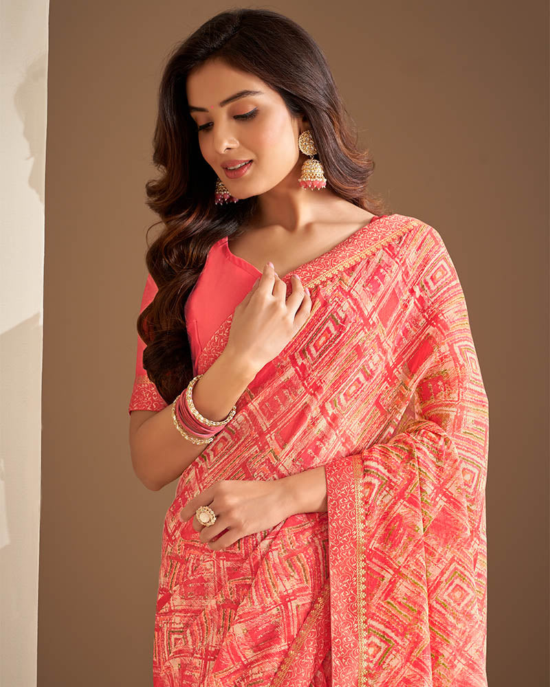 Vishal Prints Pastel Red Printed Chiffon Saree With Border