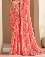Vishal Prints Pastel Red Printed Chiffon Saree With Border