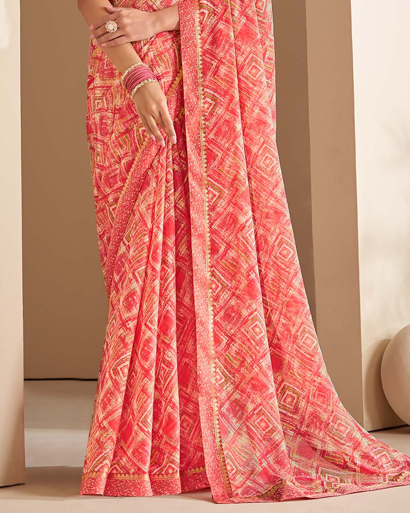 Vishal Prints Pastel Red Printed Chiffon Saree With Border