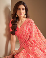 Vishal Prints Pastel Red Printed Chiffon Saree With Border