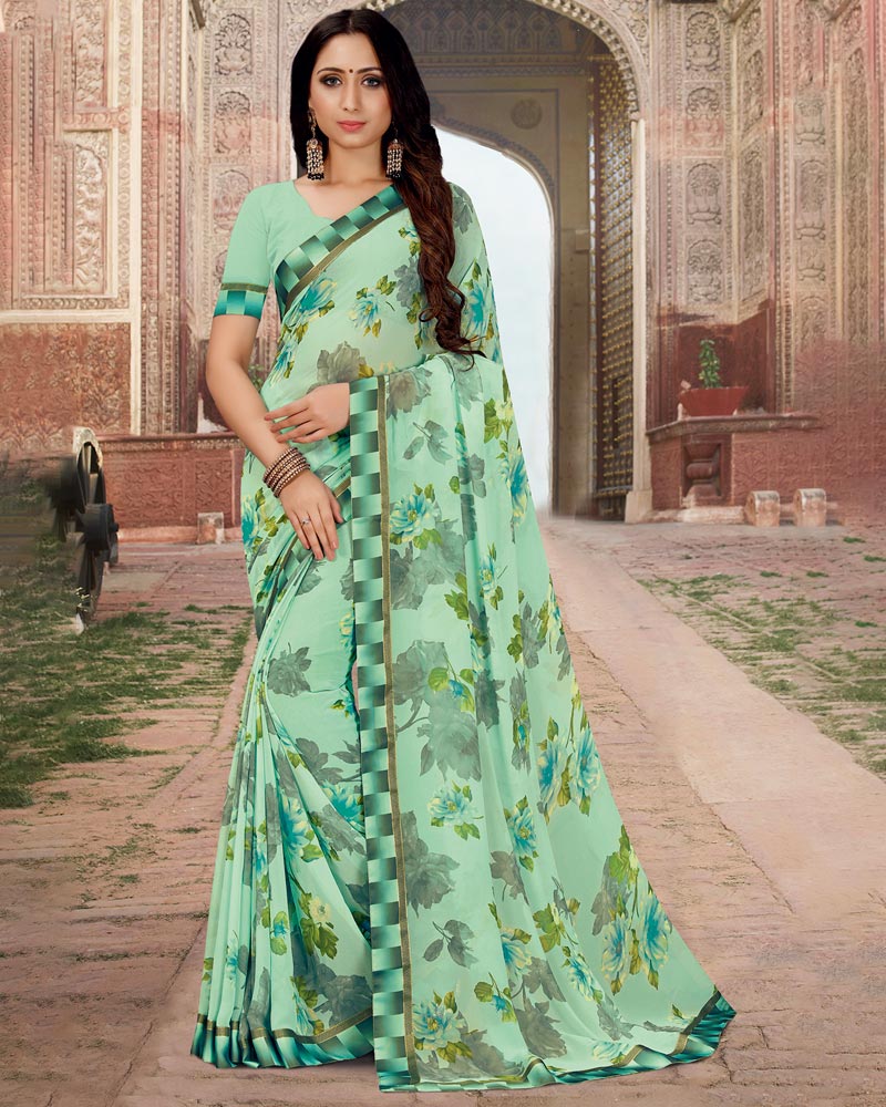 Vishal Prints Sage Green Printed Georgette Saree With Border