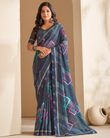 Vishal Prints Dark Grey Printed Georgette Saree With Border