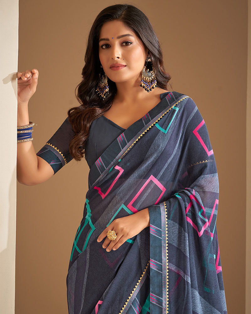 Vishal Prints Dark Grey Printed Georgette Saree With Border