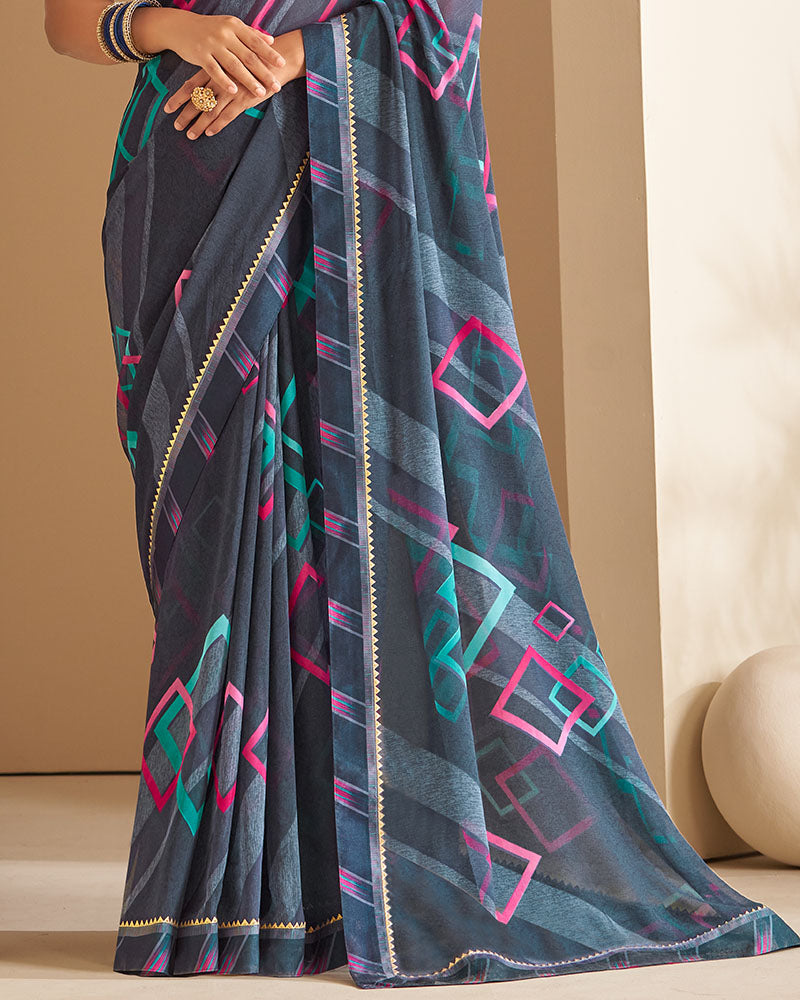 Vishal Prints Dark Grey Printed Georgette Saree With Border