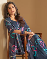 Vishal Prints Dark Grey Printed Georgette Saree With Border