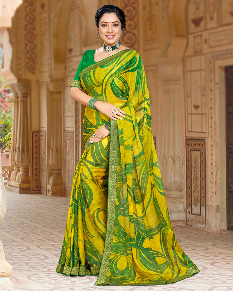 Vishal Prints Lime Yellow Printed Chiffon Saree With Border