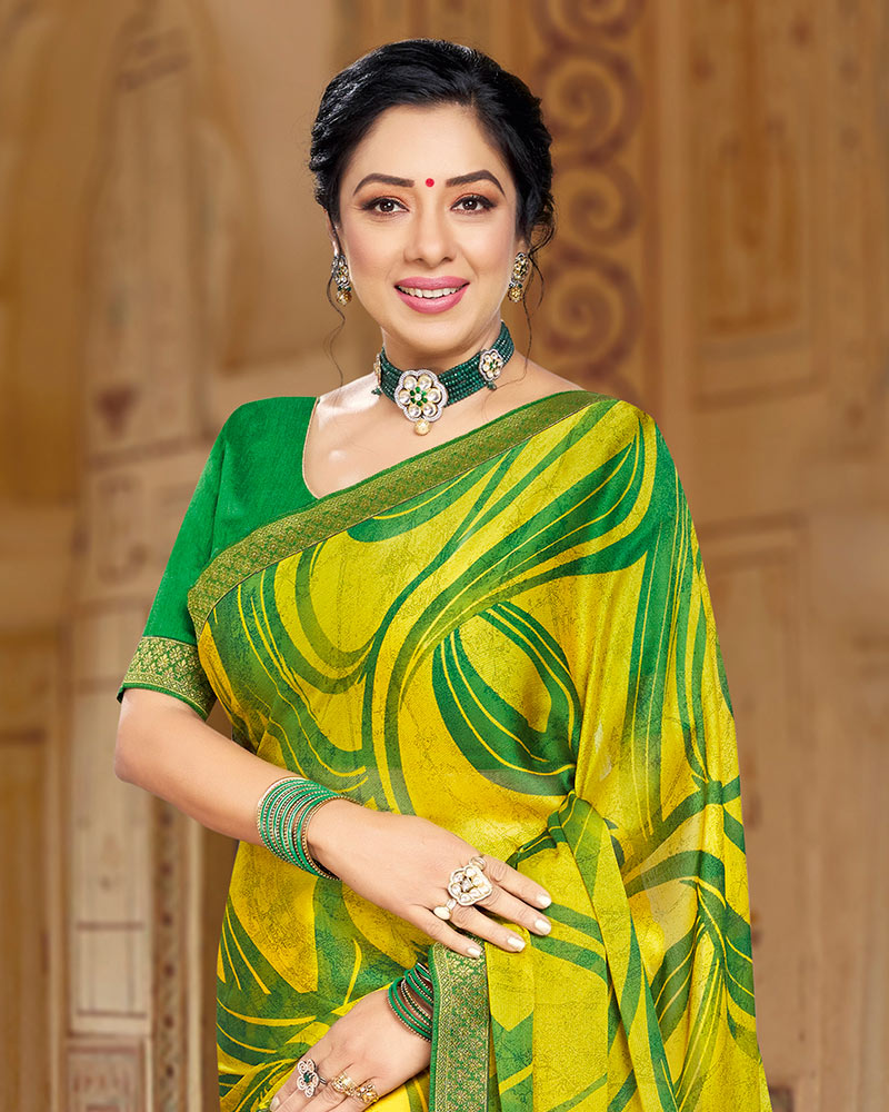 Vishal Prints Lime Yellow Printed Chiffon Saree With Border