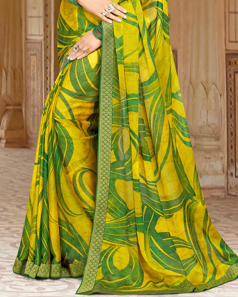 Vishal Prints Lime Yellow Printed Chiffon Saree With Border