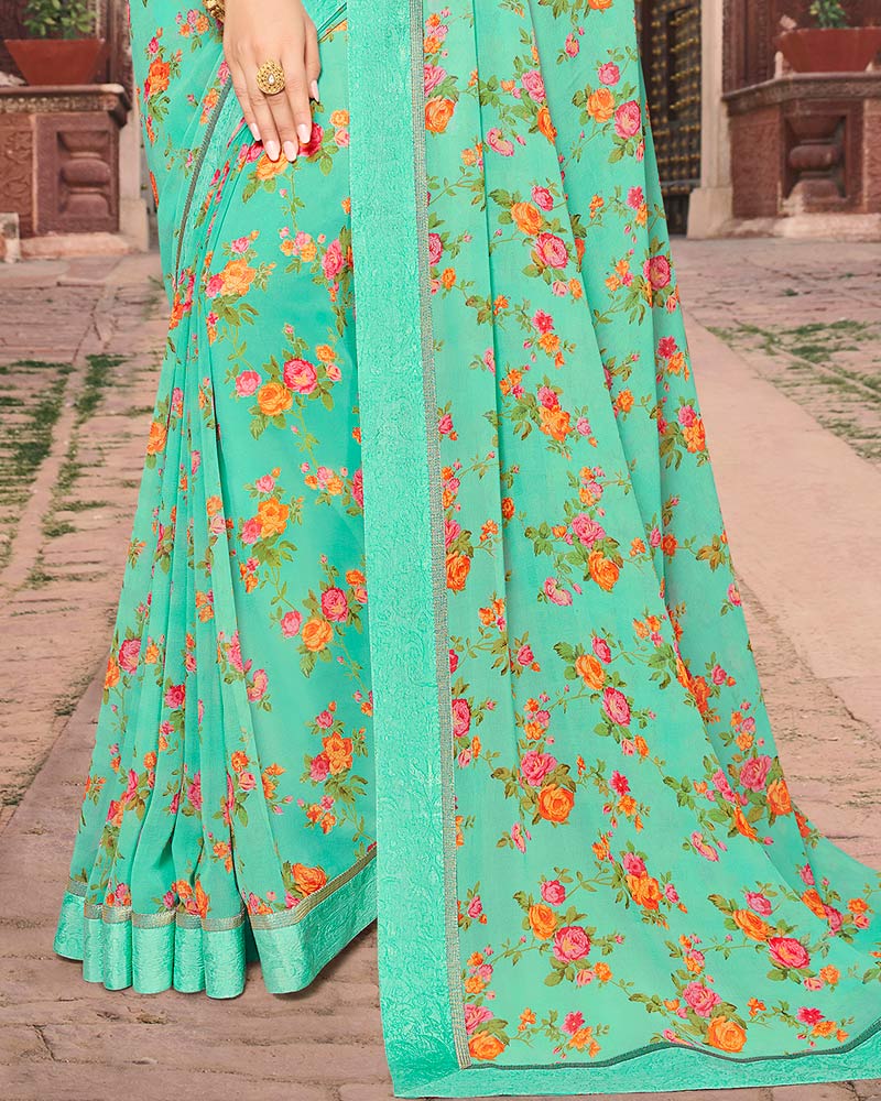 Vishal Prints Turquoise Blue Printed Georgette Saree With Border