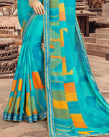Vishal Prints Turquoise Blue Printed Chiffon Saree With Border