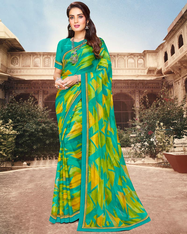 Vishal Prints Aqua Green Printed Chiffon Saree With Border