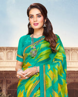 Vishal Prints Aqua Green Printed Chiffon Saree With Border