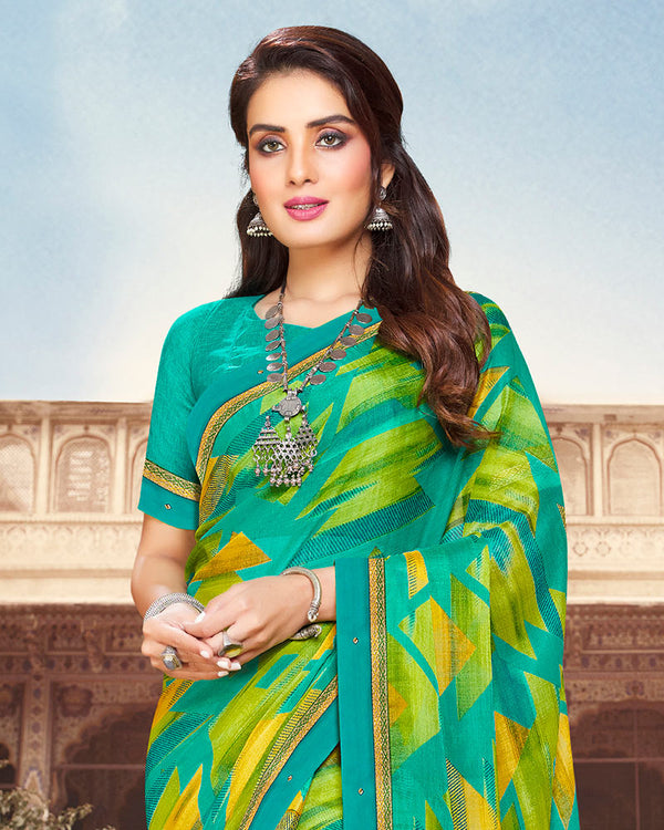 Vishal Prints Aqua Green Printed Chiffon Saree With Border
