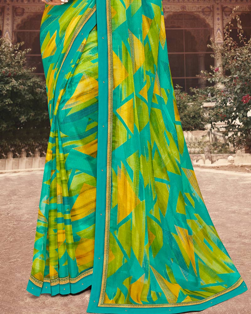 Vishal Prints Aqua Green Printed Chiffon Saree With Border