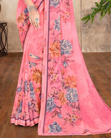 Vishal Prints Pastel Red Printed Georgette Saree With Border