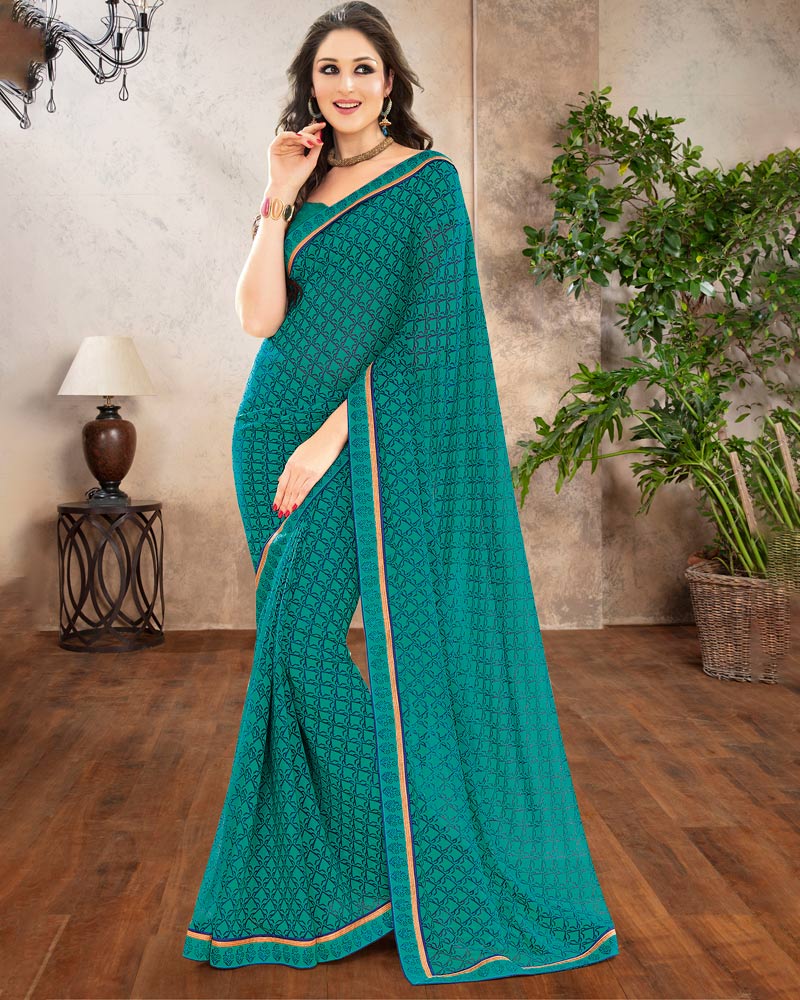 Vishal Prints Teal Green Printed Chiffon Saree With Border