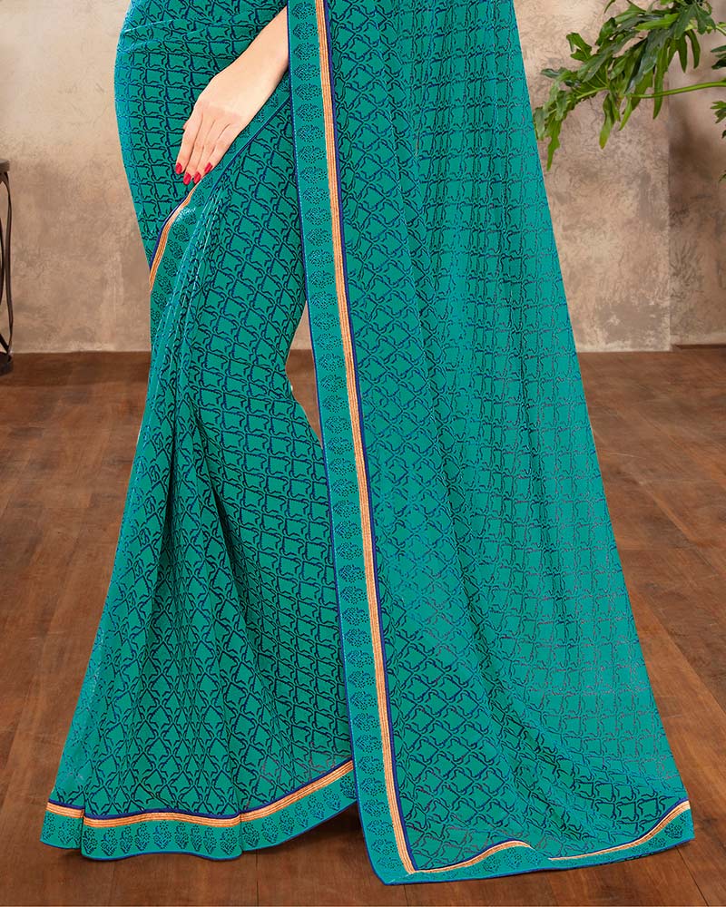 Vishal Prints Teal Green Printed Chiffon Saree With Border