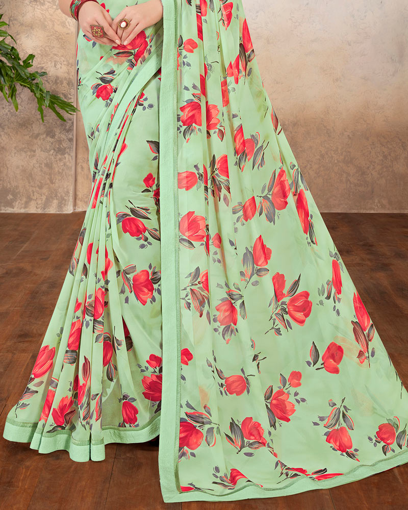 Vishal Prints Sea Green Printed Georgette Saree With Border