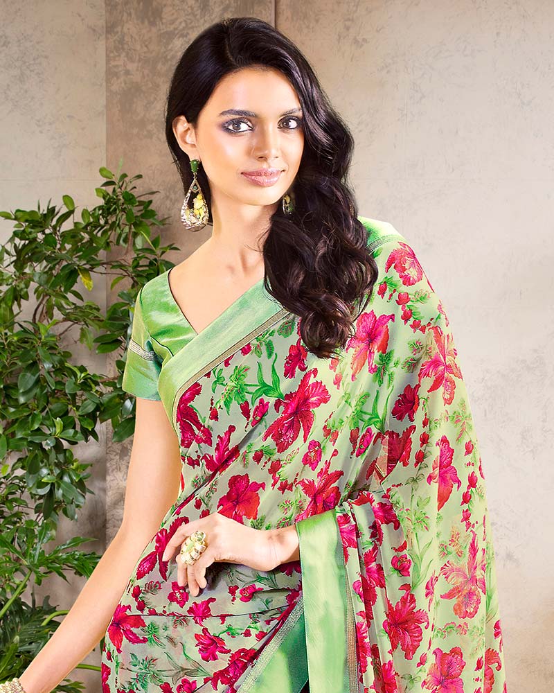Vishal Prints Pastel Green Printed Georgette Saree With Border