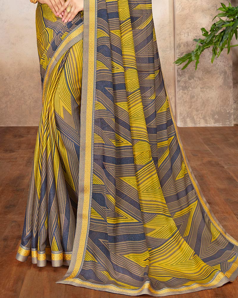 Vishal Prints Lime Yellow Printed Chiffon Saree With Border