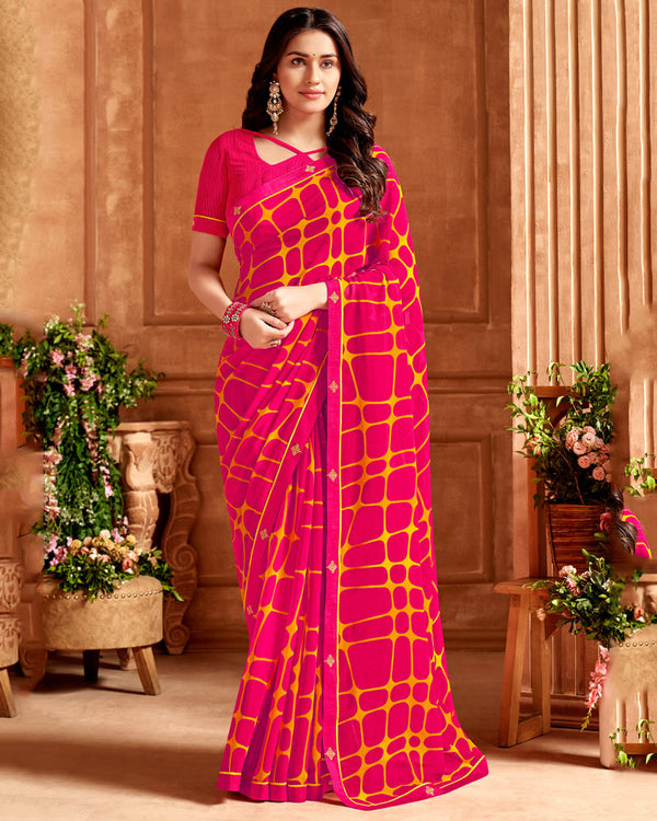 Vishal Prints Red Pink Printed Georgette Saree With Fancy Border