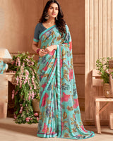 Vishal Prints Pastel Teal Green Printed Georgette Saree With Fancy Border