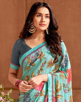 Vishal Prints Pastel Teal Green Printed Georgette Saree With Fancy Border