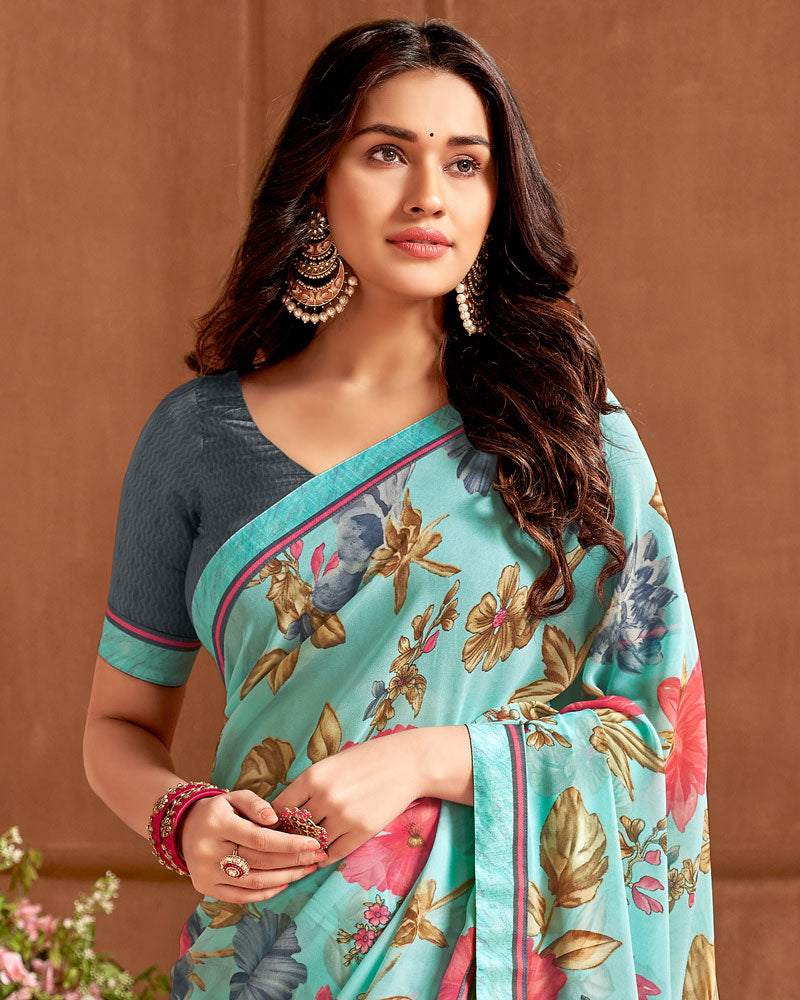 Vishal Prints Pastel Teal Green Printed Georgette Saree With Fancy Border