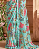 Vishal Prints Pastel Teal Green Printed Georgette Saree With Fancy Border