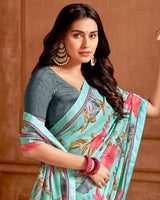 Vishal Prints Pastel Teal Green Printed Georgette Saree With Fancy Border