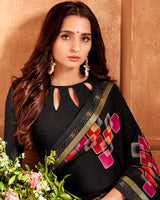 Vishal Prints Black Printed Georgette Saree With Fancy Border