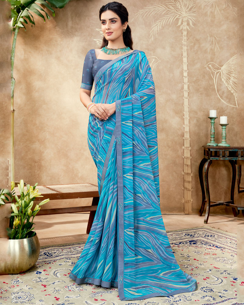 Vishal Prints Ocean Blue Printed Georgette Saree With Fancy Border
