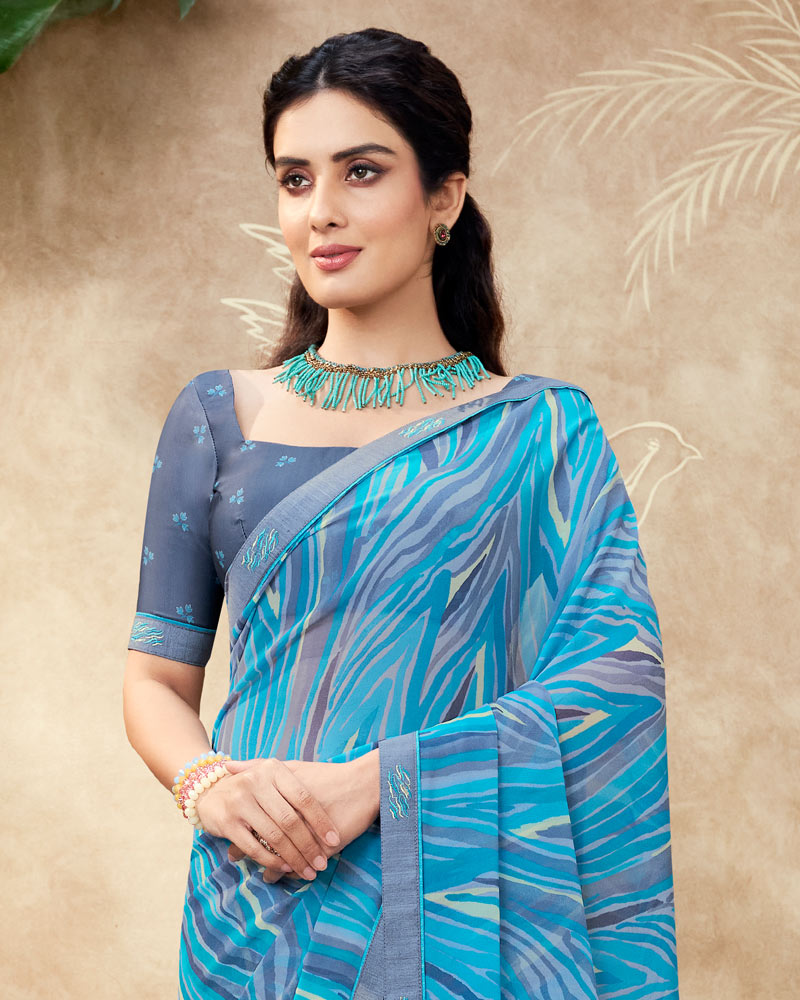 Vishal Prints Ocean Blue Printed Georgette Saree With Fancy Border