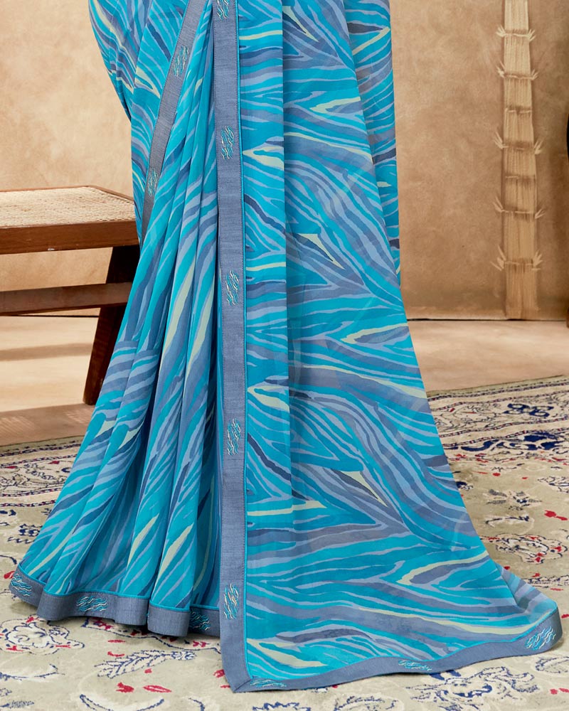 Vishal Prints Ocean Blue Printed Georgette Saree With Fancy Border