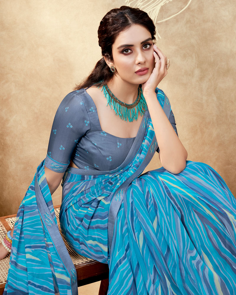 Vishal Prints Ocean Blue Printed Georgette Saree With Fancy Border