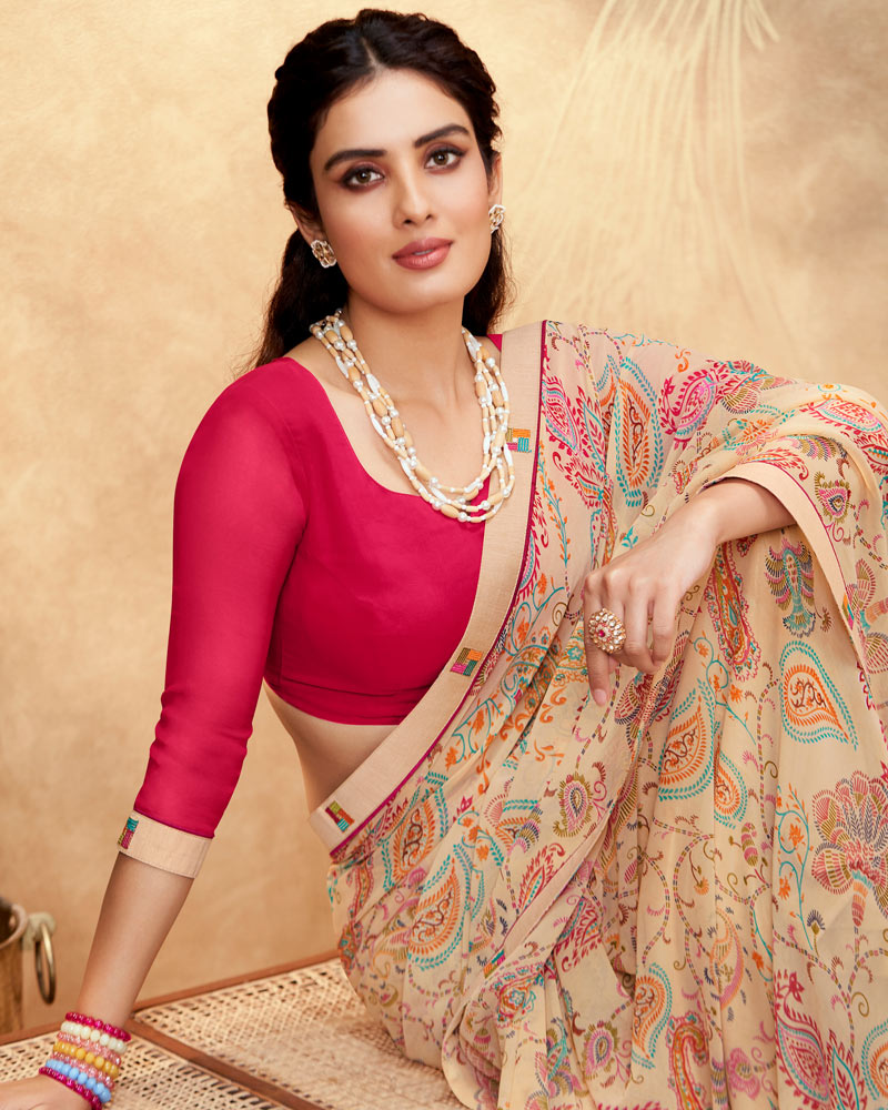 Vishal Prints Pastel Brown Printed Georgette Saree With Fancy Border