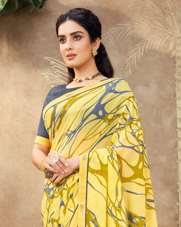 Vishal Prints Marigold Yellow Printed Georgette Saree With Fancy Border