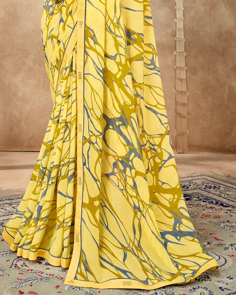 Vishal Prints Marigold Yellow Printed Georgette Saree With Fancy Border