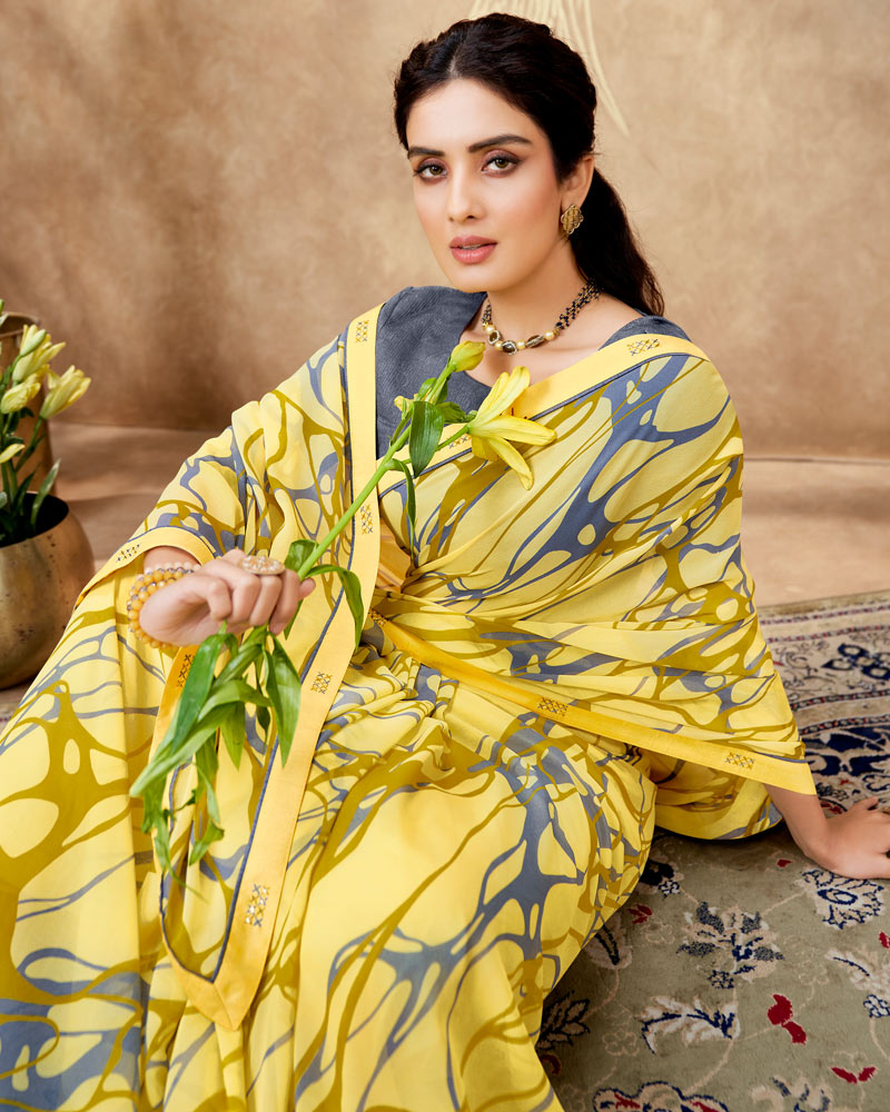 Vishal Prints Marigold Yellow Printed Georgette Saree With Fancy Border