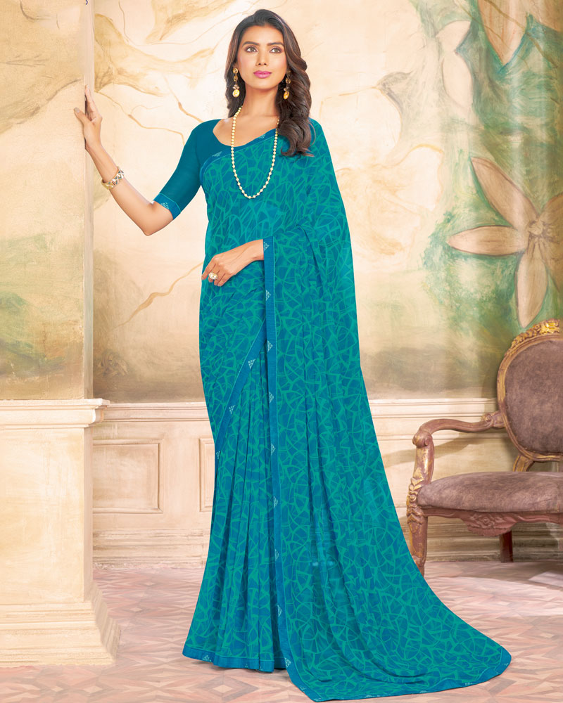 Vishal Prints Persian Green Printed Georgette Saree With Fancy Border