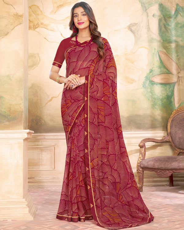 Vishal Prints Vivid Burgundy Printed Georgette Saree With Fancy Border