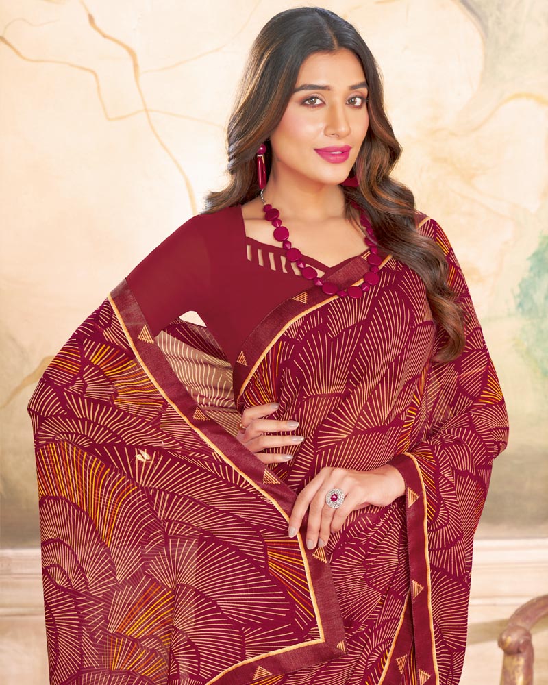 Vishal Prints Vivid Burgundy Printed Georgette Saree With Fancy Border