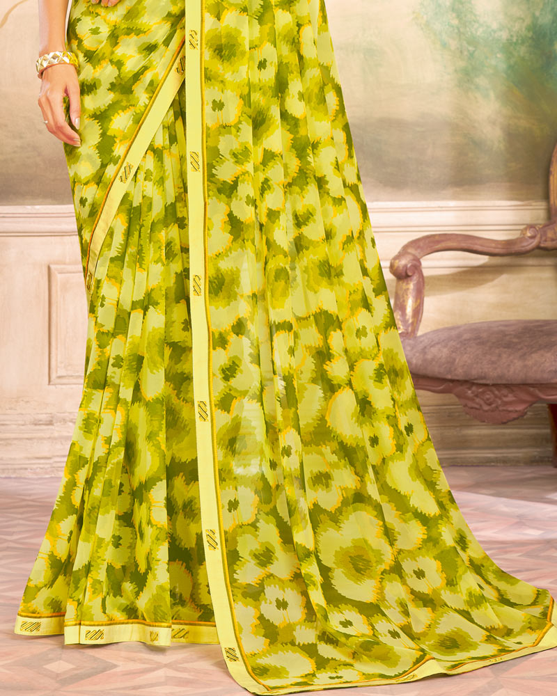 Vishal Prints Lime Yellow Printed Georgette Saree With Fancy Border