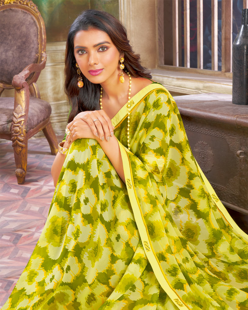 Vishal Prints Lime Yellow Printed Georgette Saree With Fancy Border
