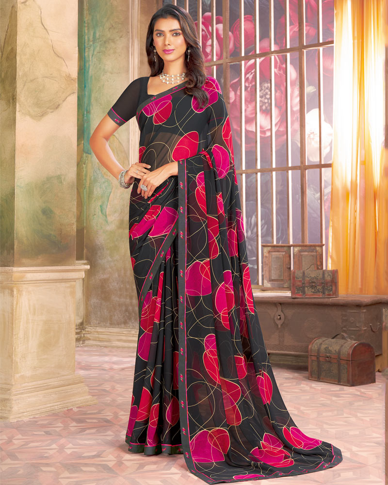 Vishal Prints Charcoal Grey Printed Georgette Saree With Fancy Border