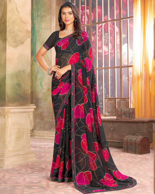 Vishal Prints Charcoal Grey Printed Georgette Saree With Fancy Border