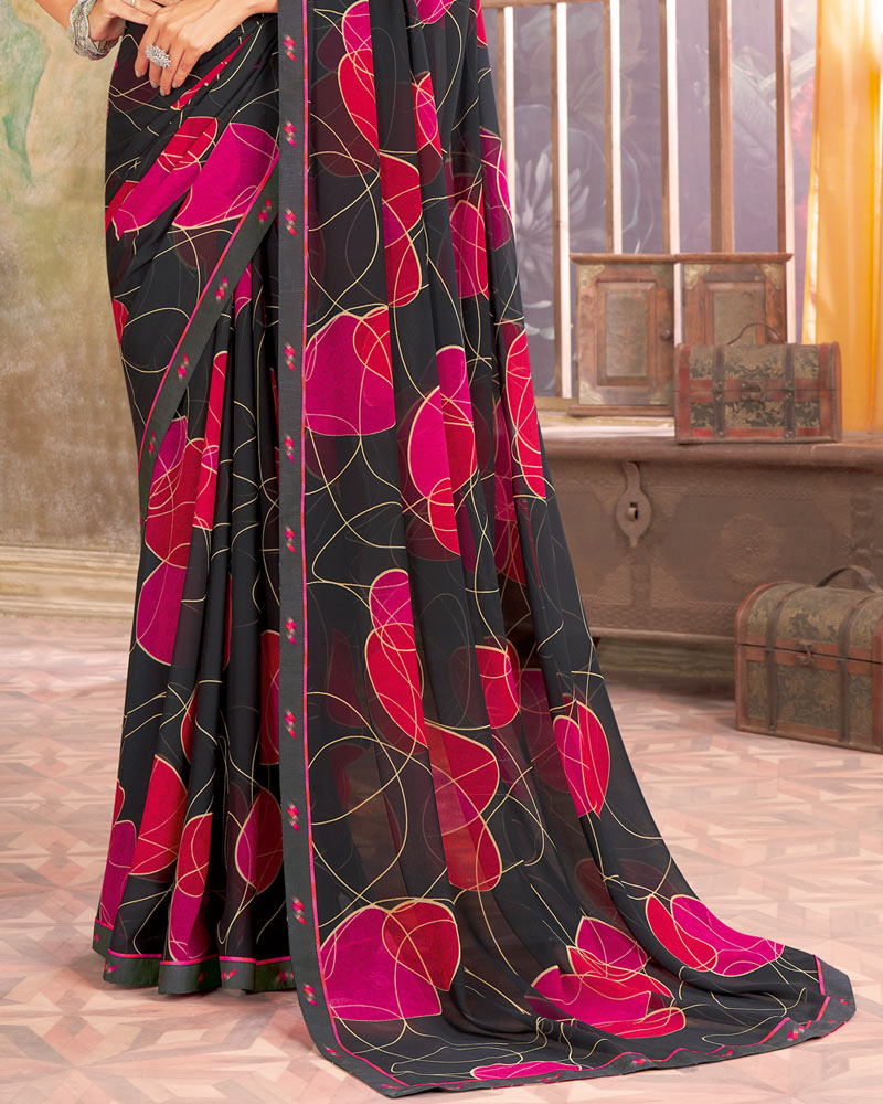 Vishal Prints Charcoal Grey Printed Georgette Saree With Fancy Border