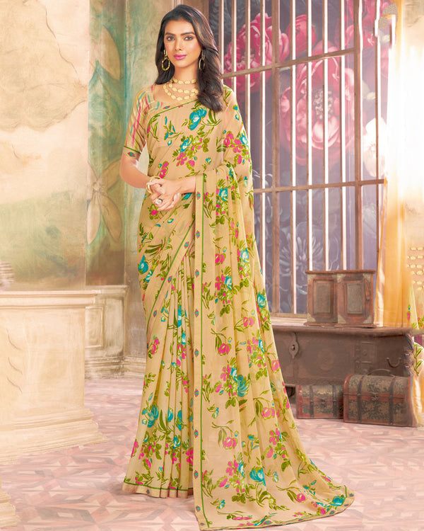 Vishal Prints Pastel Yellow Printed Georgette Saree With Fancy Border