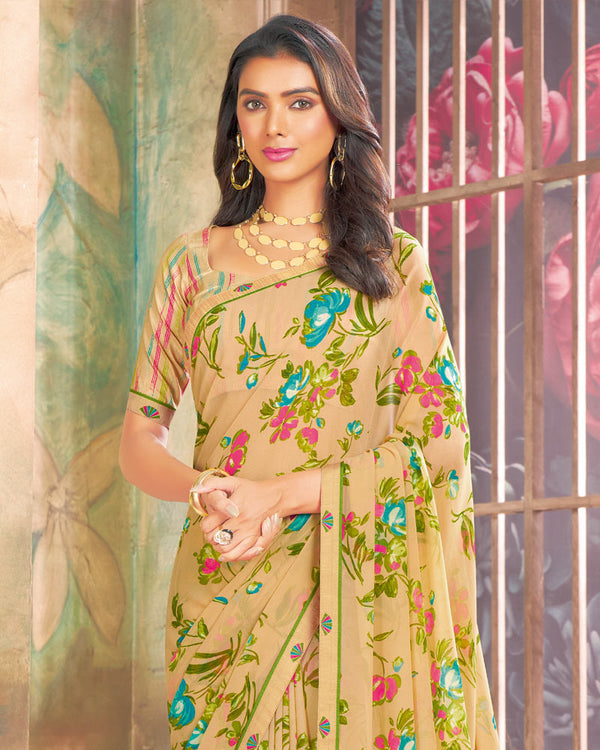 Vishal Prints Pastel Yellow Printed Georgette Saree With Fancy Border